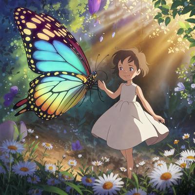 The primary subject of the image is a little girl standing in a field of flowers, with a butterfly flying nearby. The setting is a lush, colorful garden, and the visual style is a combination of photo and digital art. The colors and mood of the image are vibrant and cheerful, with the little girl and the butterfly adding a sense of playfulness and wonder to the scene.
